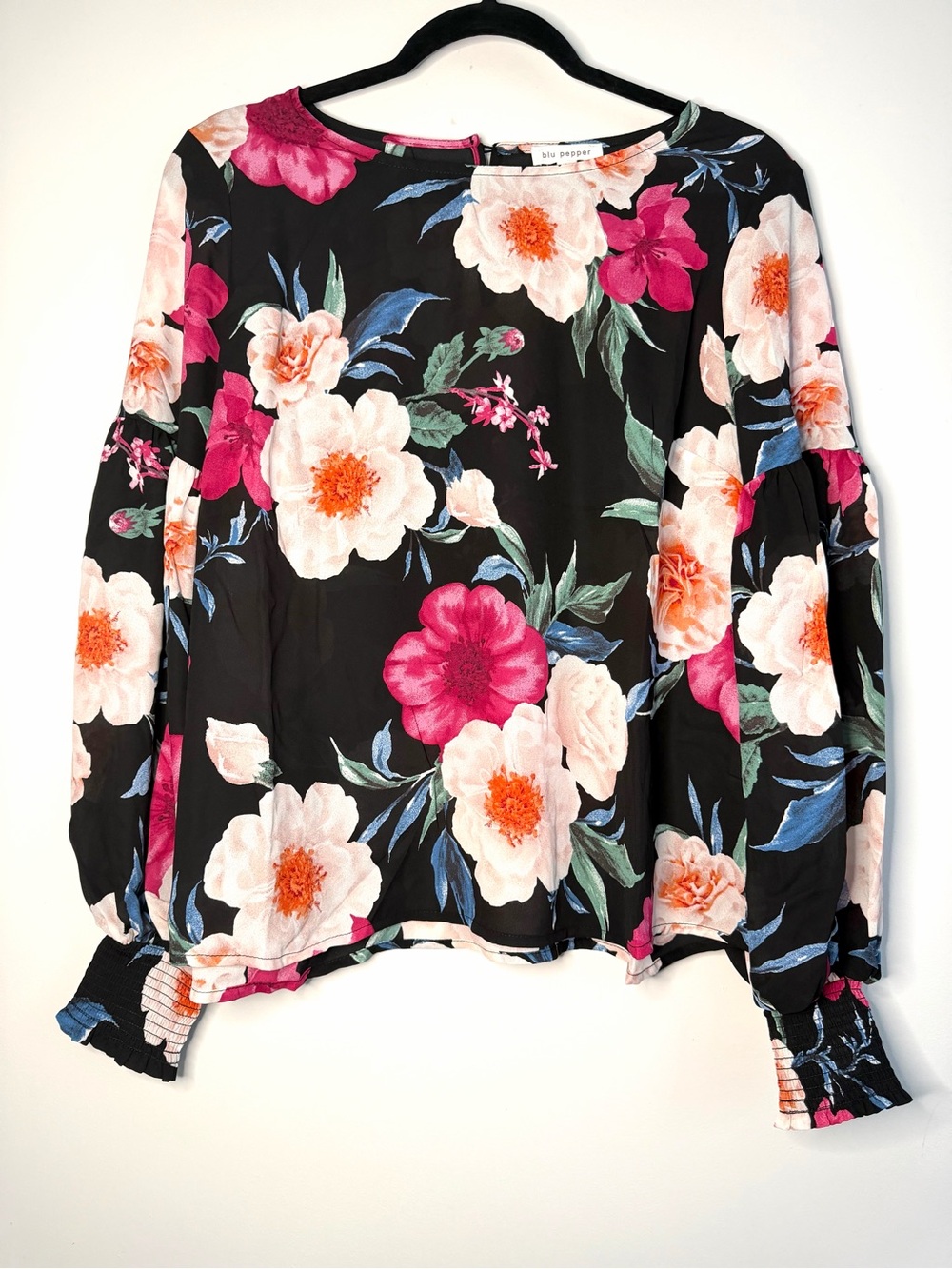 Blu Pepper Black Floral Long-Sleeve Blouse with Pink & Cream Blooms Medium